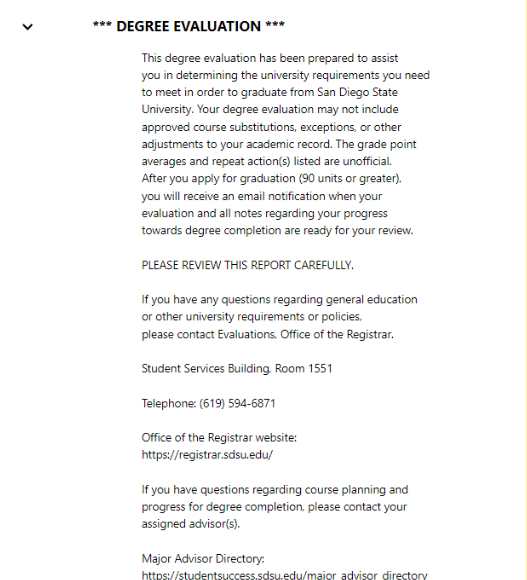 Degree Evaluation information